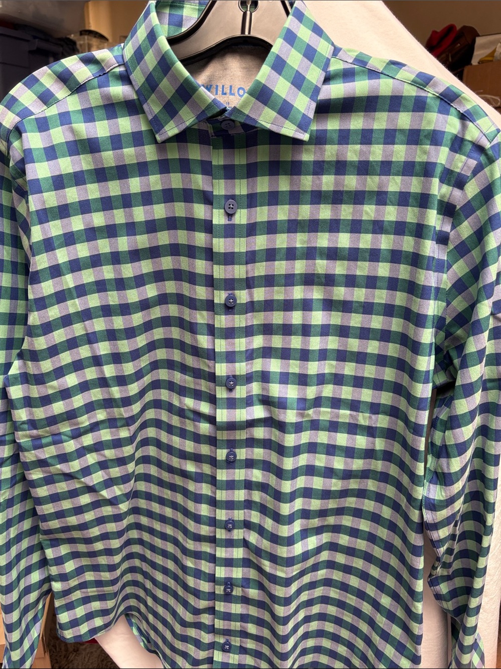 TWILLORY Shirt Mens 16.5 34/35 Blue Green Performance Button up Tailored Check